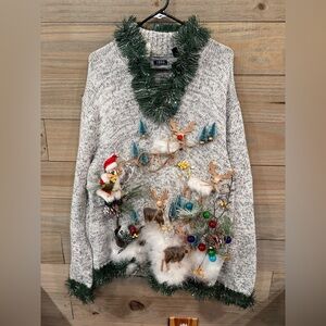 Izod Festive Ugly Gray V-Neck Sweater with Green Trim(lights up)